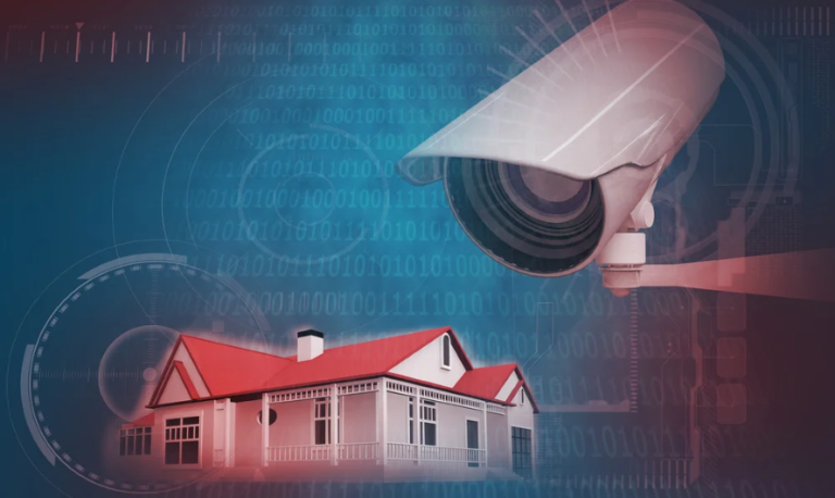 CCTV camera against shiny blue binary code on black background